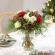 Red and white bouquet, with roses, hypericum and confiers