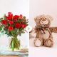 Red bouquet of mixed flowers + Bear