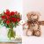 Red bouquet of mixed flowers + Bear