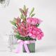 Send Pink-Asiatic-Lilies-Roses-in-Vase-Arrangement to India